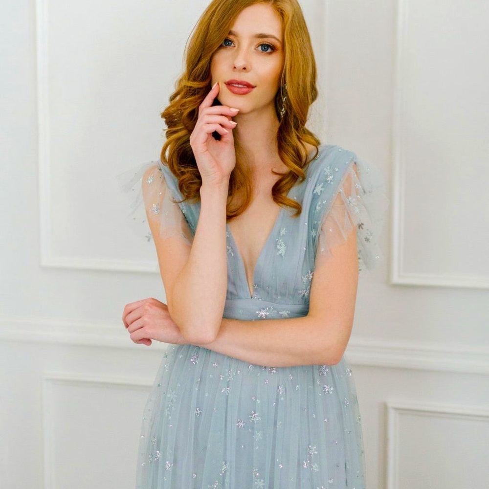 Blue Tulle Ruffle Sleeve Maxi Dress